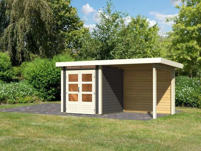 Karibu Gartenhaus Kandern 1 terragrau mit Anbaudach 2,35 m inkl. Rückwand