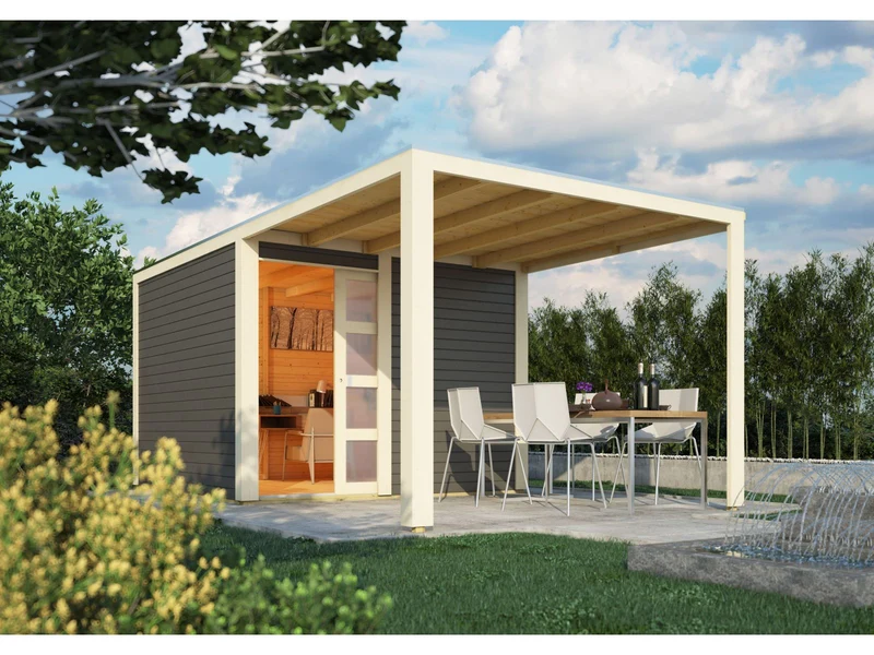 Karibu Gartenhaus Qubic 2 terragrau inkl. 2,70 m Anbaudach