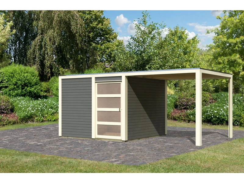 Karibu Gartenhaus Qubic 2 terragrau inkl. 2,70 m Anbaudach