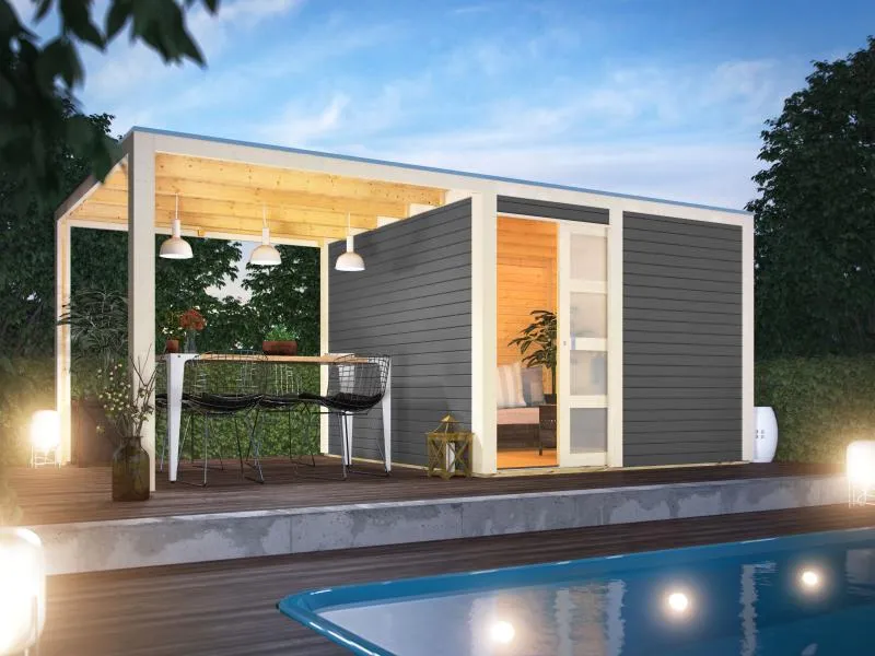 Karibu Gartenhaus Qubic 2 terragrau inkl. 2,70 m Anbaudach