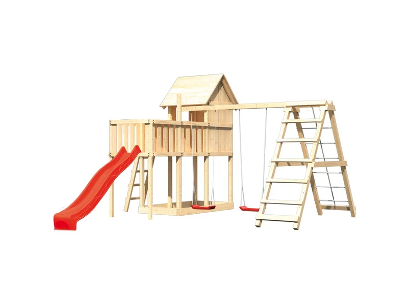 Karibu Stelzenhaus Frieda + Rutsche rot + Doppelschaukelanbau Klettergerüst + Anbauplattform