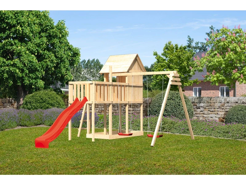 Karibu Stelzenhaus Frieda + Rutsche rot + Doppelschaukel + Anbauplattform