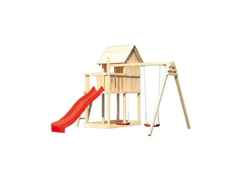 Karibu Stelzenhaus Frieda + Rutsche rot + Doppelschaukel + Anbauplattform