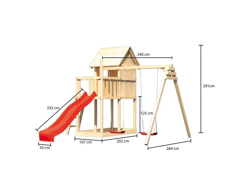 Karibu Stelzenhaus Frieda + Rutsche rot + Doppelschaukel + Anbauplattform