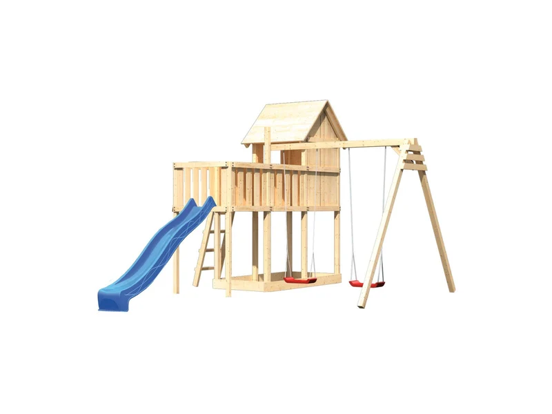 Karibu Stelzenhaus Frieda + Rutsche blau + Doppelschaukel + Anbauplattform