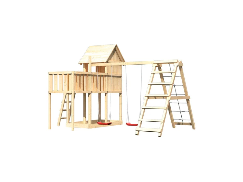 Karibu Stelzenhaus Frieda + Doppelschaukelanbau Klettergerüst + Anbauplattform
