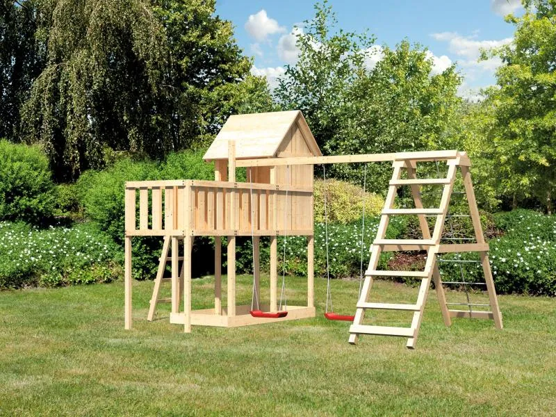 Karibu Stelzenhaus Frieda + Doppelschaukelanbau Klettergerüst + Anbauplattform