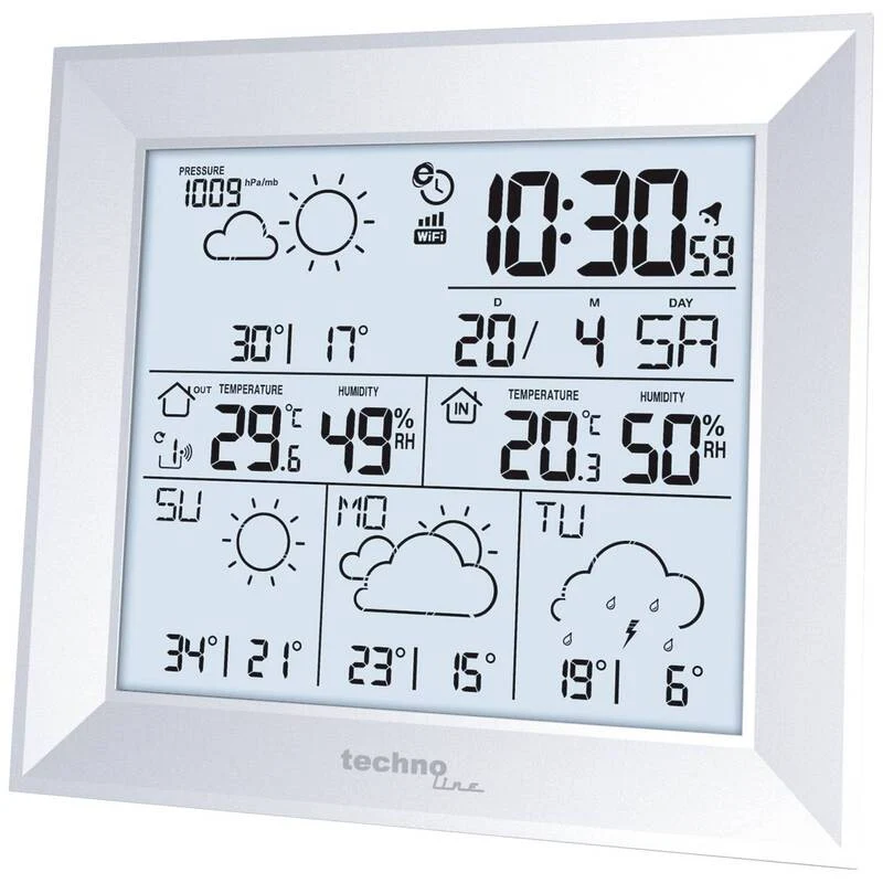 B-Ware Techno Line WLAN Wetterstation WD2000 mit max 3 Sensoren Außenluftfeuchte Silber