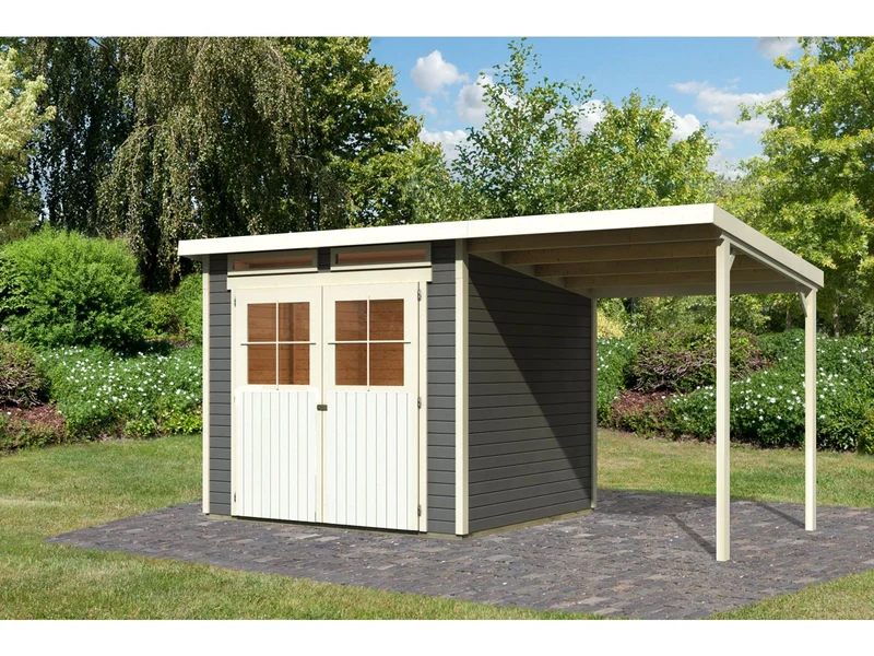 Karibu Gartenhaus Glücksburg 4 in terragrau mit Anbaudach 1,90 Meter