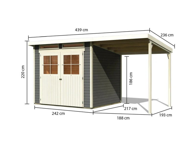 Karibu Gartenhaus Glücksburg 4 in terragrau mit Anbaudach 1,90 Meter