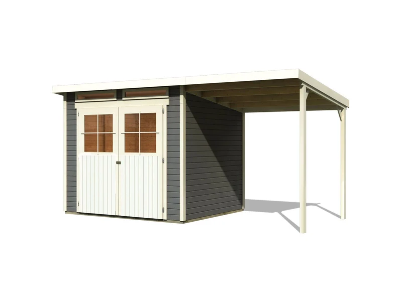 Karibu Gartenhaus Glücksburg 4 in terragrau mit Anbaudach 1,90 Meter