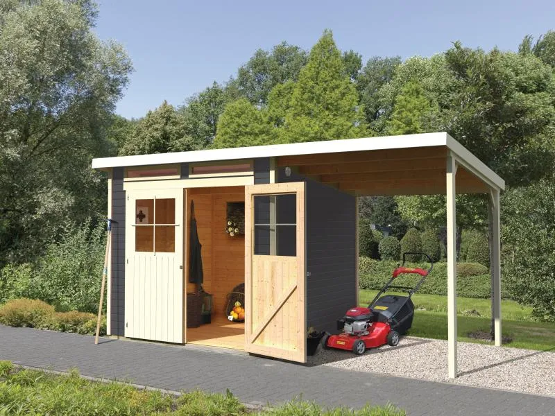 Karibu Gartenhaus Glücksburg 4 in terragrau mit Anbaudach 1,90 Meter