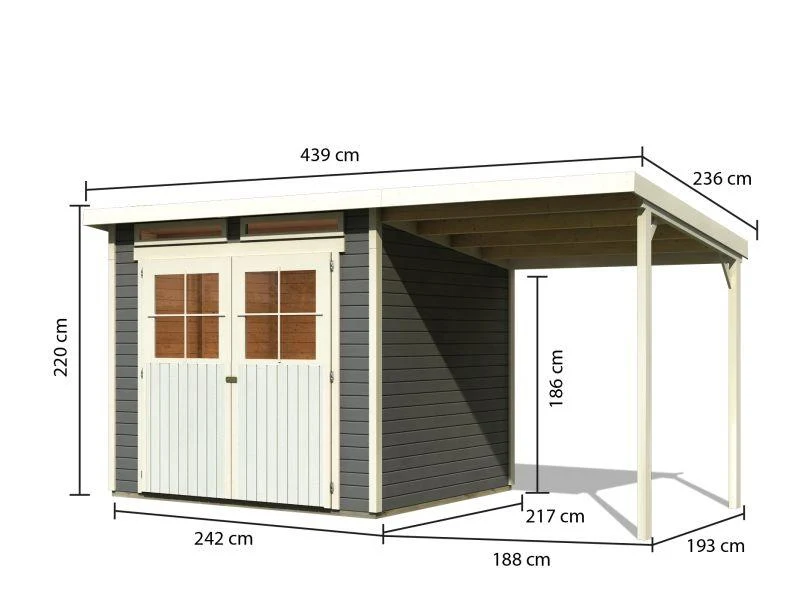 Karibu Gartenhaus Glücksburg 4 in terragrau mit Anbaudach 1,90 Meter