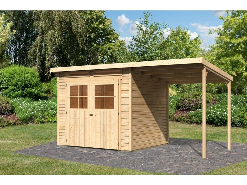 Karibu Gartenhaus Glücksburg 4 natur mit Anbaudach 1,90 Meter