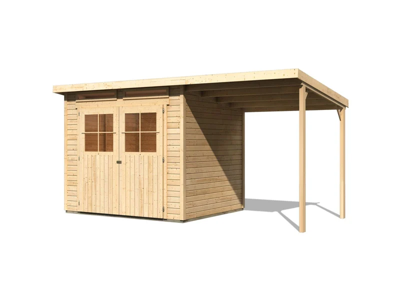 Karibu Gartenhaus Glücksburg 4 natur mit Anbaudach 1,90 Meter