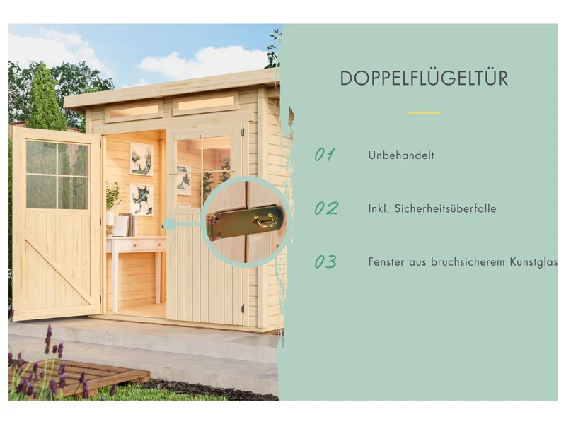 Karibu Gartenhaus Glücksburg 4 natur mit Anbaudach 1,90 Meter