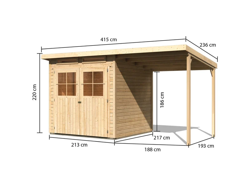 Karibu Gartenhaus Glücksburg 3 natur mit Anbaudach 1,90 Meter