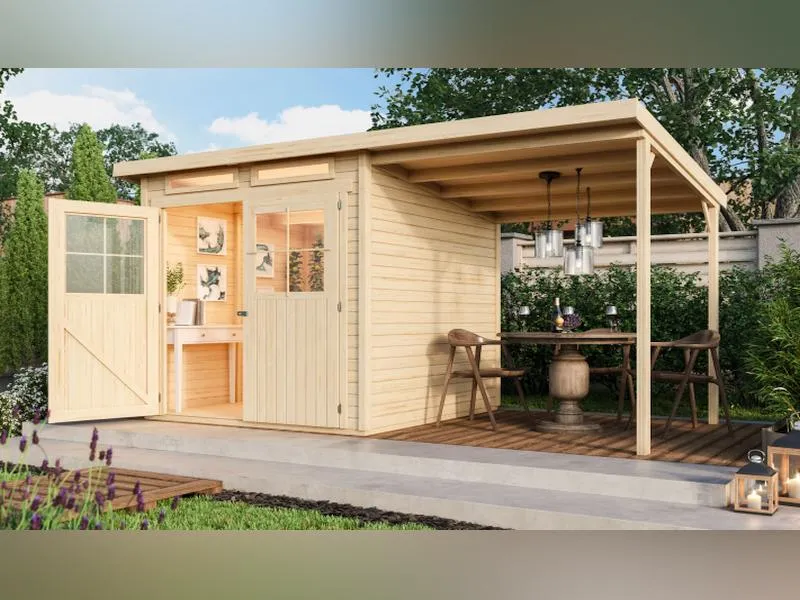 Karibu Gartenhaus Glücksburg 3 natur mit Anbaudach 1,90 Meter