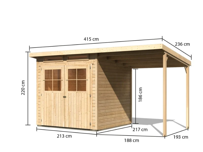 Karibu Gartenhaus Glücksburg 3 natur mit Anbaudach 1,90 Meter