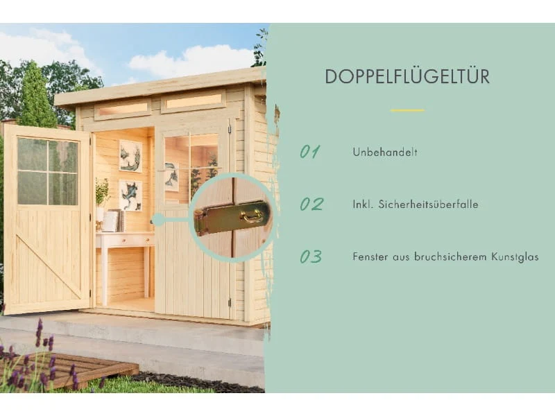 Karibu Gartenhaus Glücksburg 3 natur mit Anbaudach 1,90 Meter