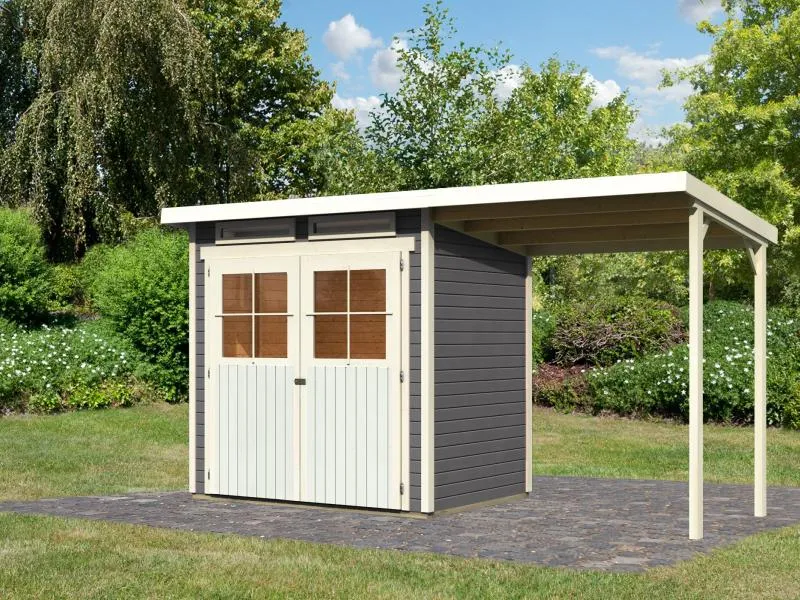 Karibu Gartenhaus Glücksburg 2 in terragrau inkl. Anbaudach