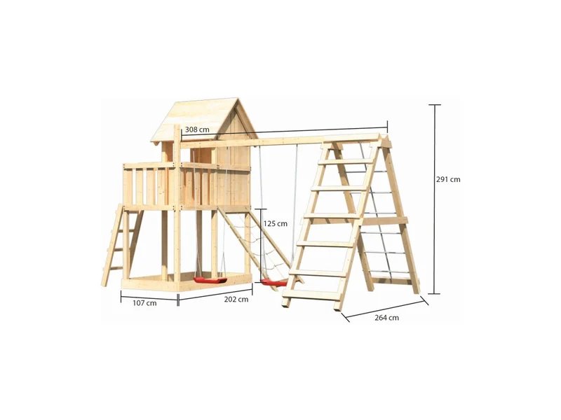 Karibu Stelzenhaus Frieda + Doppelschaukelanbau Klettergerüst + Netzrampe