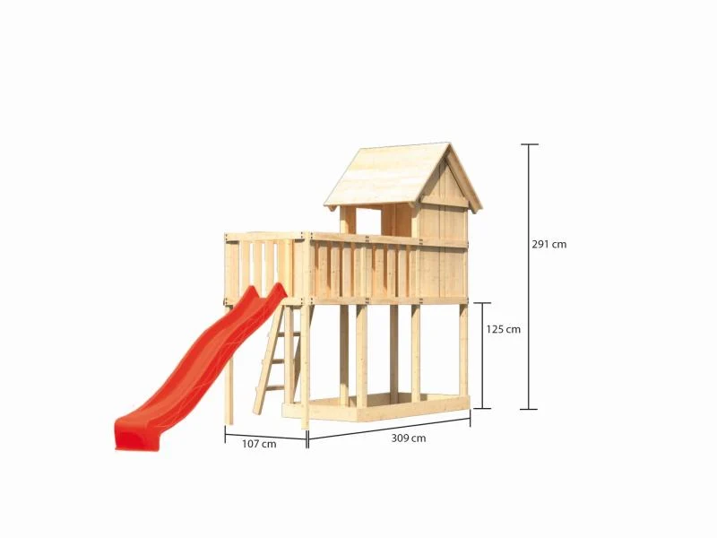 Karibu Stelzenhaus Frieda + Rutsche rot + Anbauplattform
