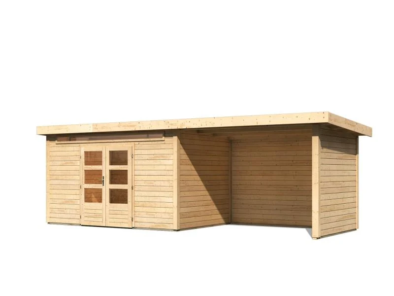 Karibu Gartenhaus Kandern 7 mit Anbaudach 2,95 Meter inklusive Rück-und Seitenwand