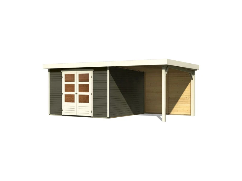 Karibu Gartenhaus Askola 6 in terragrau mit Anbaudach 2,4 Meter - Rückwand