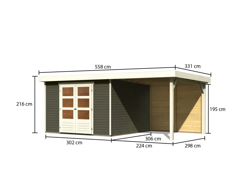 Karibu Gartenhaus Askola 6 in terragrau mit Anbaudach 2,4 Meter - Rückwand