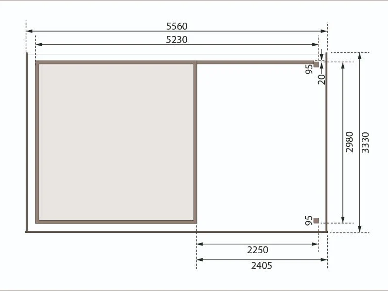 Karibu Gartenhaus Askola 6 in terragrau mit Anbaudach 2,4 Meter - Rückwand