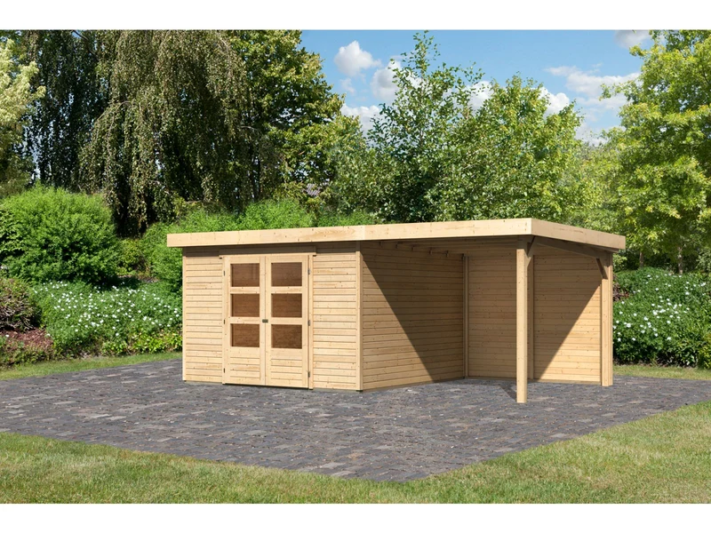 Karibu Gartenhaus Askola 6 natur mit Anbaudach 2,4 Meter - Rückwand
