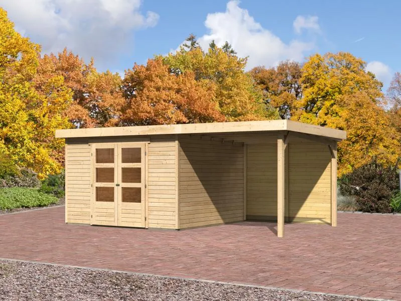 Karibu Gartenhaus Askola 6 natur mit Anbaudach 2,4 Meter - Rückwand