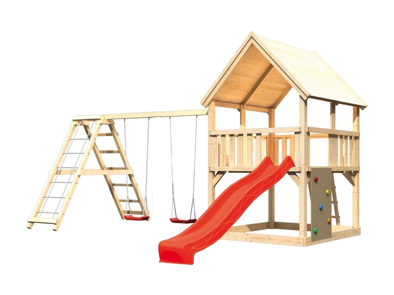 Karibu Spielturm Luis Satteldach + Rutsche rot + Doppelschaukelanbau Klettergerüst + Kletterwand