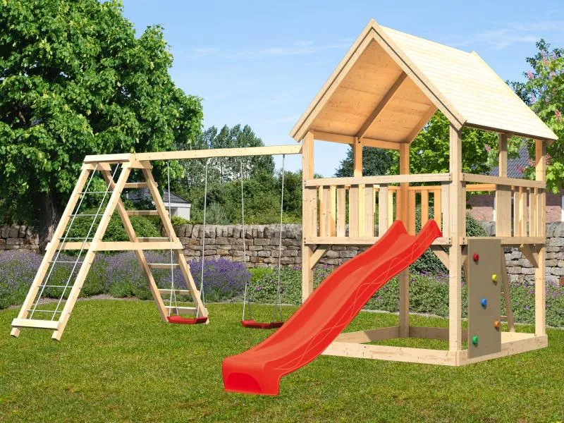 Karibu Spielturm Luis Satteldach + Rutsche rot + Doppelschaukelanbau Klettergerüst + Kletterwand