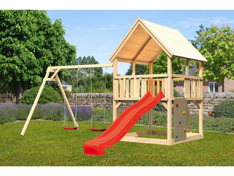 Karibu Spielturm Luis Satteldach + Rutsche rot + Doppelschaukel + Kletterwand