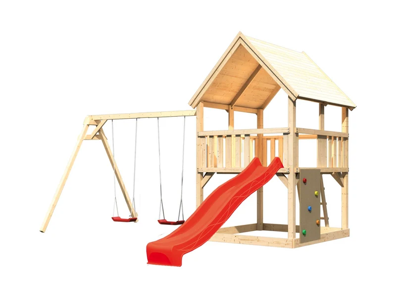 Karibu Spielturm Luis Satteldach + Rutsche rot + Doppelschaukel + Kletterwand