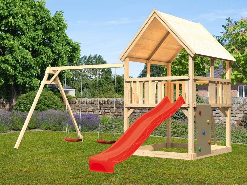 Karibu Spielturm Luis Satteldach + Rutsche rot + Doppelschaukel + Kletterwand