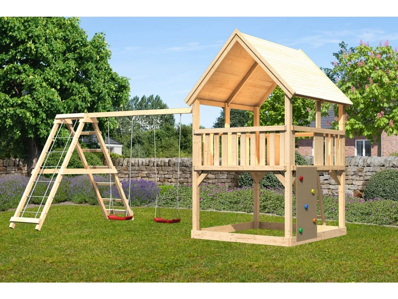 Karibu Spielturm Luis Satteldach + Doppelschaukelanbau Klettergerüst + Kletterwand