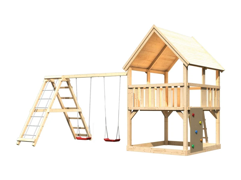 Karibu Spielturm Luis Satteldach + Doppelschaukelanbau Klettergerüst + Kletterwand
