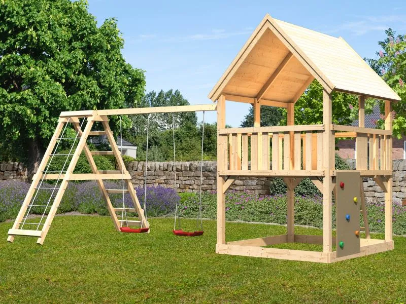 Karibu Spielturm Luis Satteldach + Doppelschaukelanbau Klettergerüst + Kletterwand