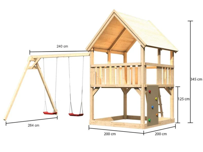 Karibu Spielturm Luis Satteldach + Doppelschaukel + Kletterwand