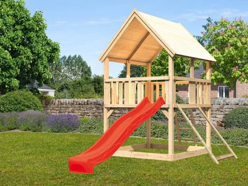 Karibu Spielturm Luis Satteldach + Rutsche rot + Netzrampe