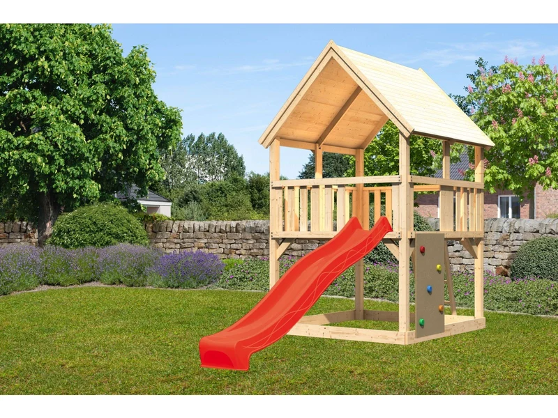 Karibu Spielturm Luis Satteldach + Rutsche rot + Kletterwand
