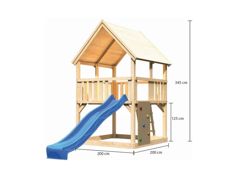 Karibu Spielturm Luis Satteldach + Rutsche blau + Kletterwand