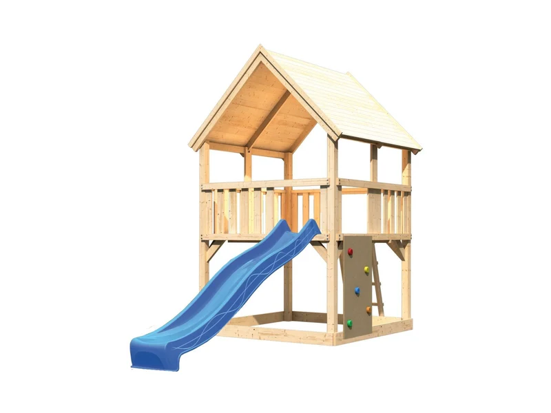 Karibu Spielturm Luis Satteldach + Rutsche blau + Kletterwand