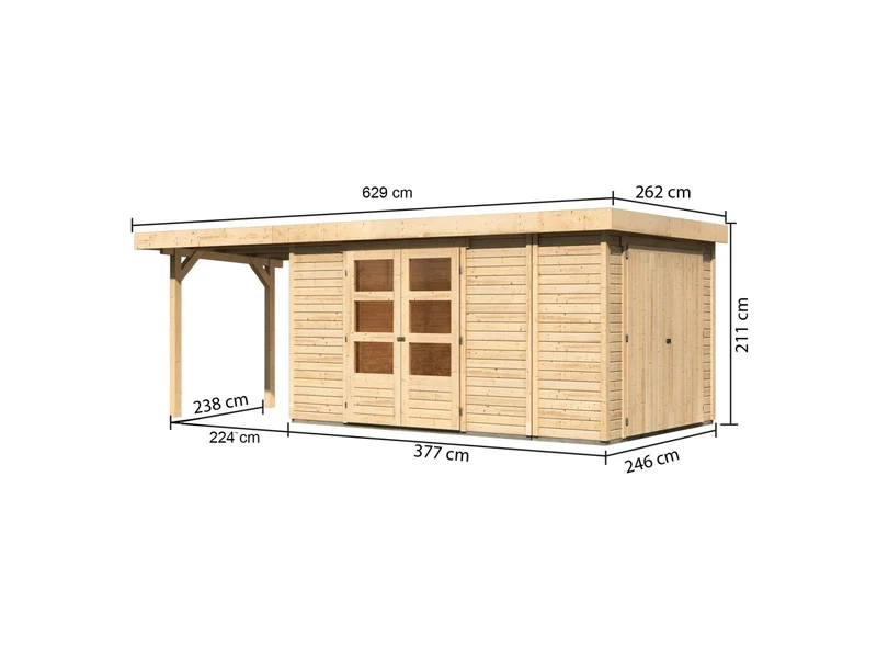 Karibu Gartenhaus Retola 6 mit Anbauschrank und Anbaudach 2,40 Meter