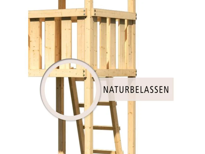 Karibu Spielturm Lotti Satteldach + Rutsche rot + Doppelschaukel Klettergerüst + Anbauplattform + Kl