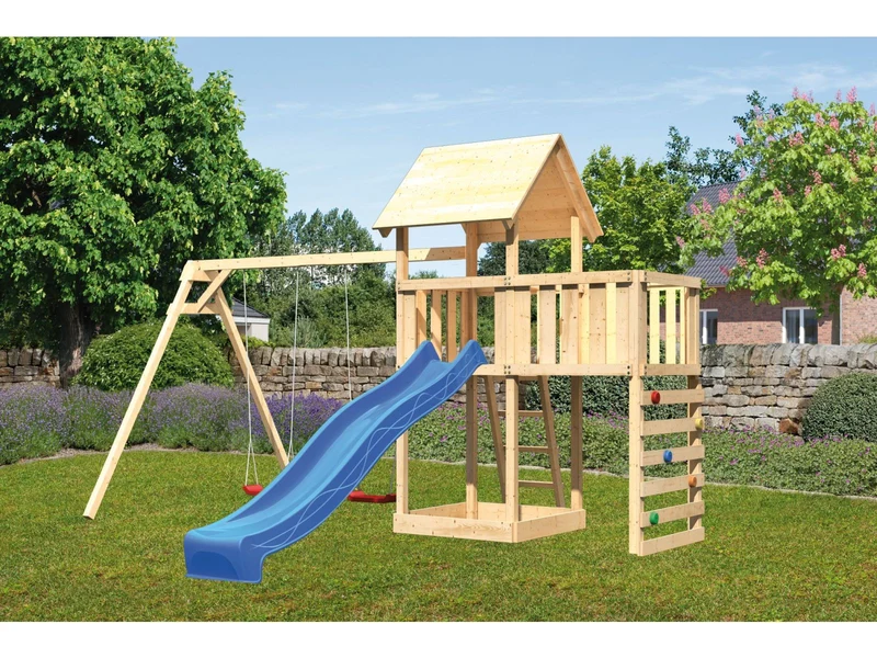 Karibu Spielturm Lotti Satteldach + Rutsche blau + Doppelschaukel + Anbauplattform + Kletterwand