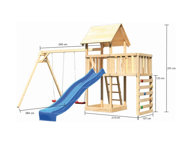 Karibu Spielturm Lotti Satteldach + Rutsche blau + Doppelschaukel + Anbauplattform + Kletterwand